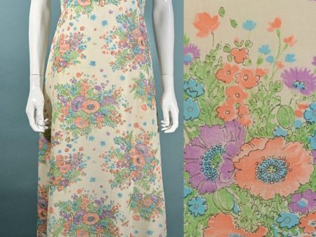 Vintage 60s 70s Floral Print Empire Waist Sleeveless Maxi Dress M For Discount