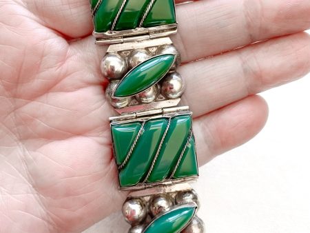 Vintage 40s Mexican 925 Sterling Silver Bracelet + Green Onyx Stones 64.4 Grams Online now