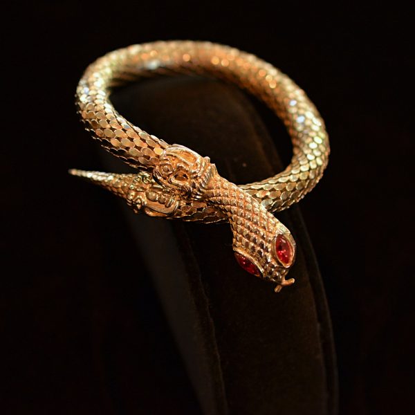 Vintage 70s Gold Tone Snake Coil Bracelet, Red Eyes M Fashion