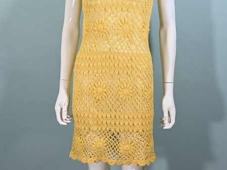 Vintage 60s Yellow Crochet Mod Mini Dress XS Sale