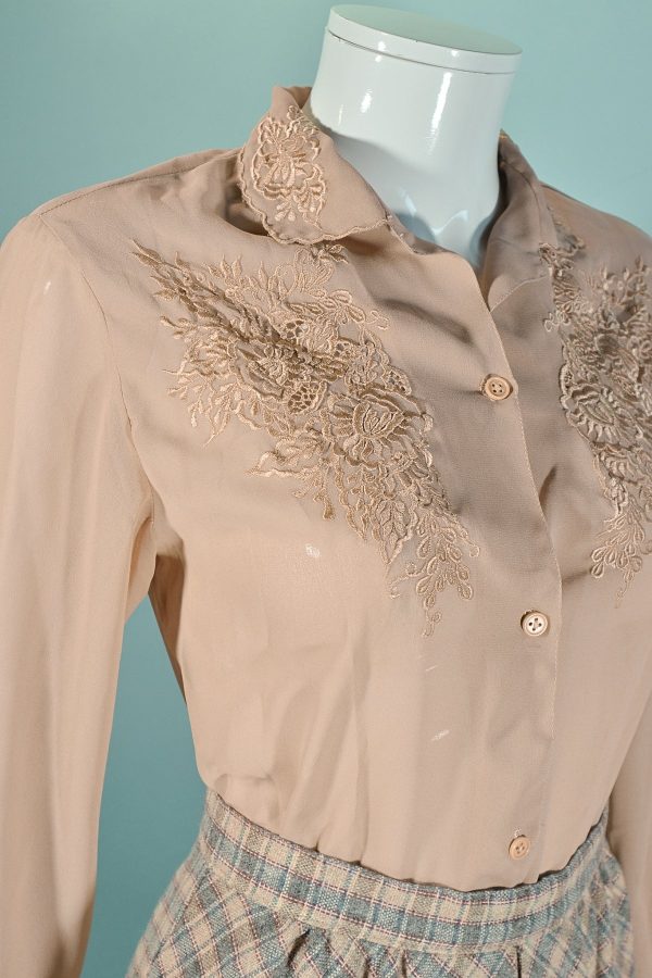 Vintage 70s Taupe Embroidered Blouse Hot on Sale