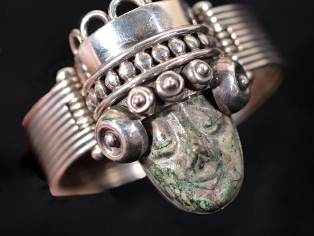 Los Ballesteros Taxco 925 Silver Bracelet, Carved Stone Aztec Warrior 77.9 Grams For Cheap