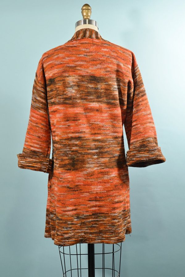 Vintage 70s Orange Boho Cardigan Tunic Sweater, Space Dyed M For Sale