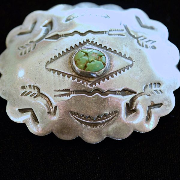 Vintage Native American Stamped Brooch, Silver Turquoise Concho Pin Cheap