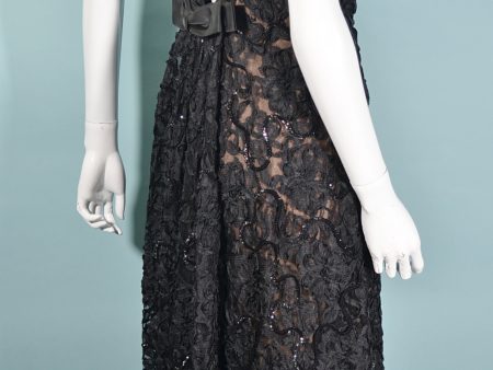 1960s Black Lace Sequin Dress, Soutache Ribbon Deep V Back Cocktail Dress Fashion