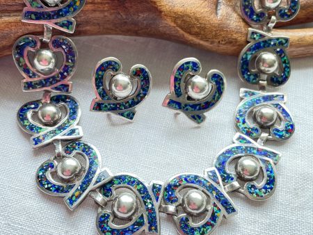 Margot De Taxco Necklace Earring Set, Silver & Blue Confetti Champleve Enamel #5463, Original Tags Fashion