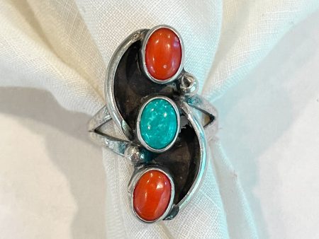 Vintage Coral Turquoise Silver Ring, Native American Southwestern Ring SZ 6 For Sale