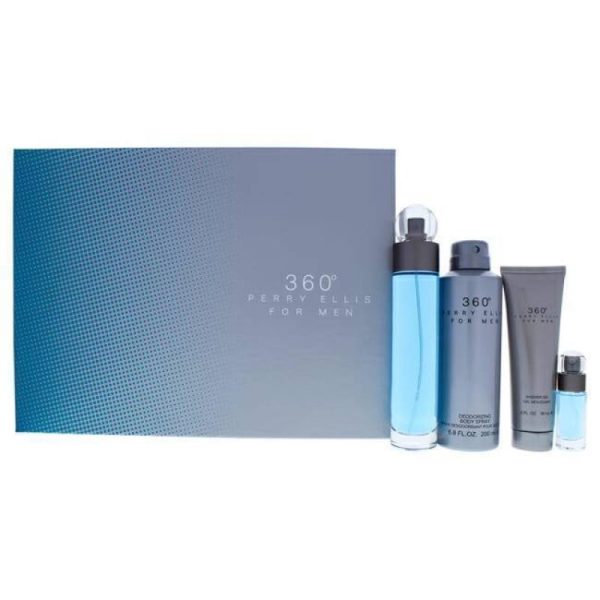 360 by Perry Ellis for Men - 4 Pc Gift Set 3.4oz EDT Spray, 6oz Deodorizing Body Spray, 3.0oz Shower Gel, 0.25oz EDT Spray For Cheap