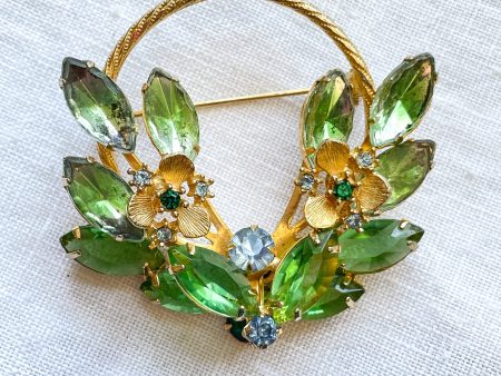 Vintage Green Rhinestone Spray Brooch, Costume Jewelry on Sale