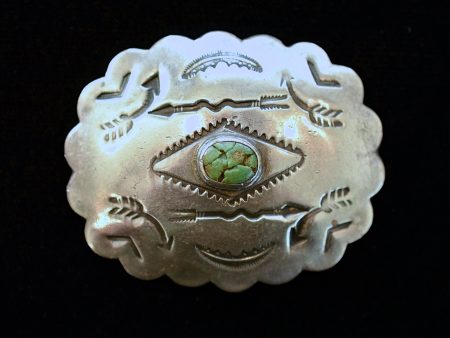 Vintage Native American Stamped Brooch, Silver Turquoise Concho Pin Cheap