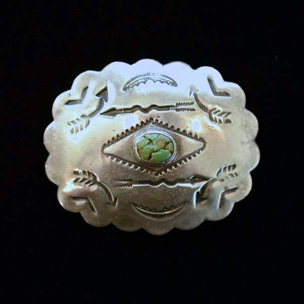 Vintage Native American Stamped Brooch, Silver Turquoise Concho Pin Cheap