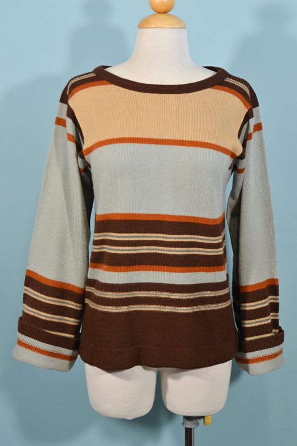 Vintage 60s 70s Acrylic Striped Pullover Sweater, Vegan S For Cheap