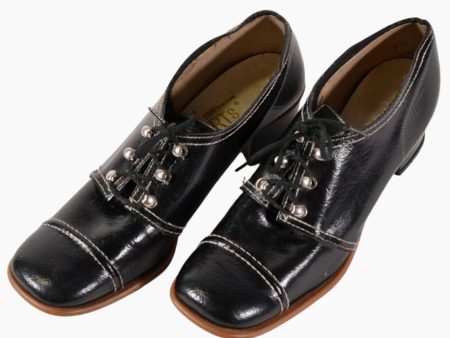 Vintage 70s Black Vinyl Oxfords, Lace up Disco Era Shoes 7 Online Sale