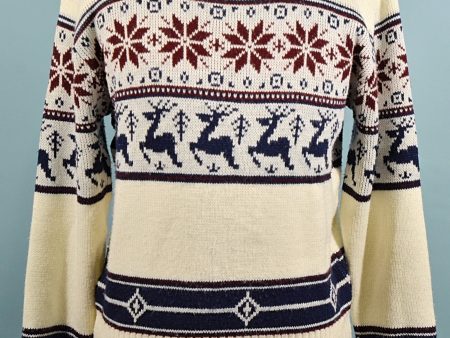 Vintage 70s Deer Snowflake Nordic Scandinavian Sweater, Acrylic Pullover M on Sale