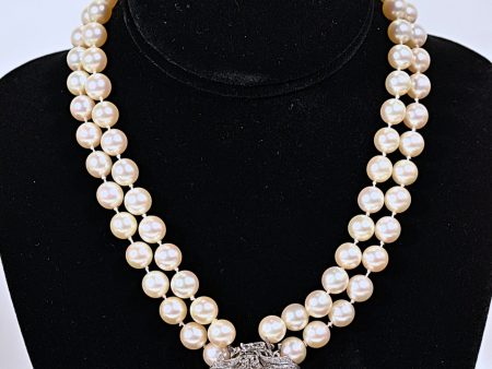 SOLD Vintage Double Strand Pearl Necklace, 14K White Gold Diamond Clasp, Restrung Online Sale